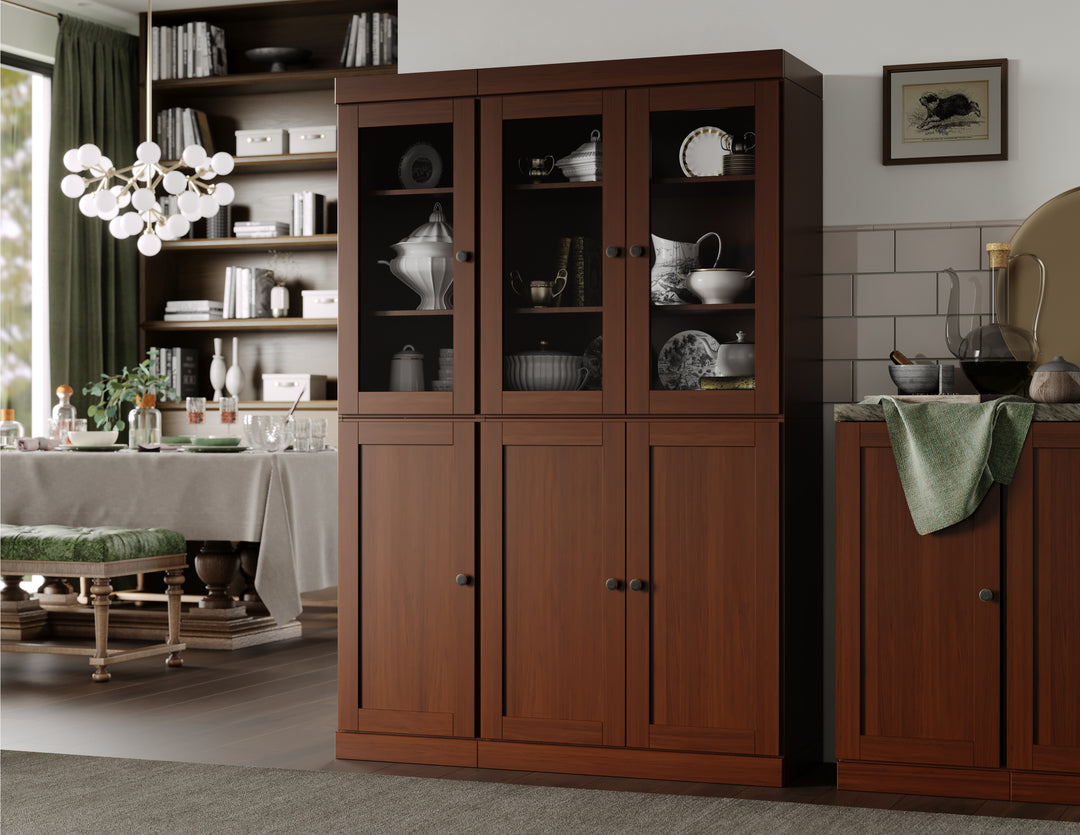 100% Solid Wood 48.5" Pantry China Cabinet, 3 Glass Doors, 3 Shaker Doors, 2-Drawers