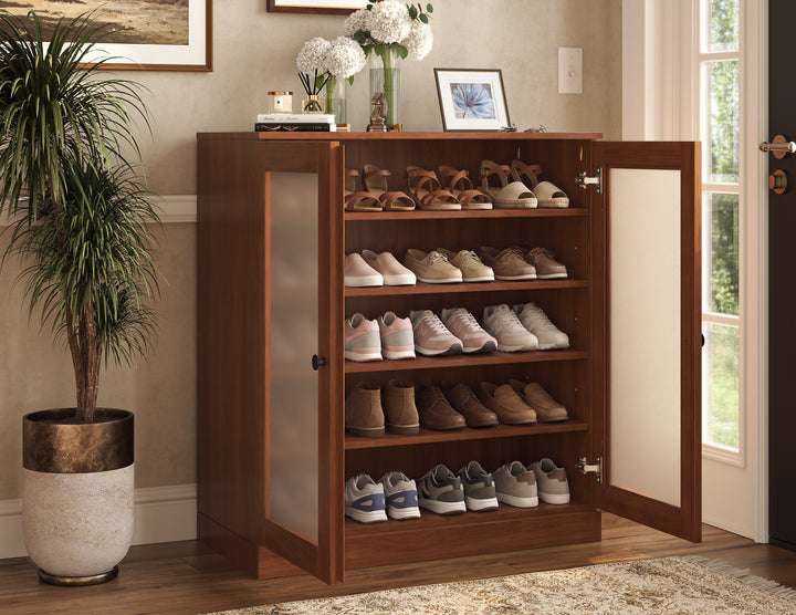 100% Solid Wood Frosted Glass Door Shoe Storage Cabinet with Adjustable Shelves, Space Saving Stackable Entryway Organizer, 32" W x 35.75" H
