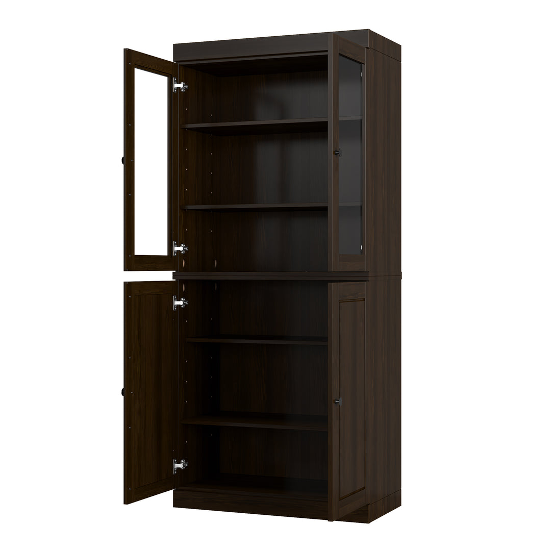100% Solid Wood Kitchen Pantry China Cabinet, Tall Freestanding Modular Storage with Glass & Raised Panel Doors, Adjustable Shelves, 32" W x 71.5" H