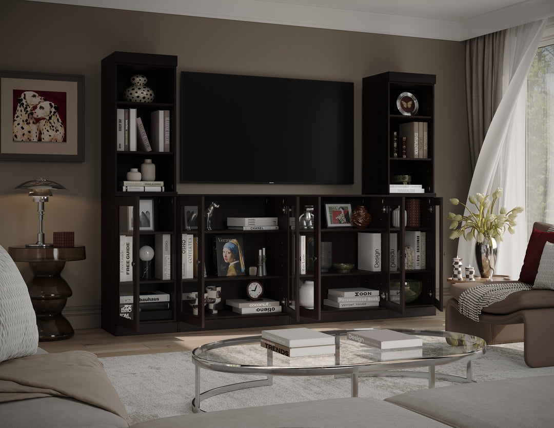 100% Solid Wood 6-Piece Entertainment Center Wall Unit with Storage, Open Cabinets & Glass Doors, Adjustable Shelves, 97" W x 71.5" H