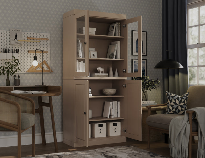 100% Solid Wood 6-Shelf 32" Bookcase, 2 Glass Doors, 2 Raised Panel Doors, Adjustable Shelves