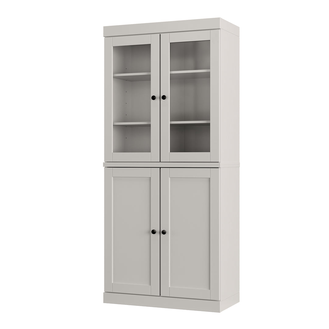 100% Solid Wood Kitchen Pantry China Cabinet, Tall Freestanding Modular Storage with Glass & Shaker Doors & 2 Drawers, Adjustable Shelves, 32" W x 71.5" H