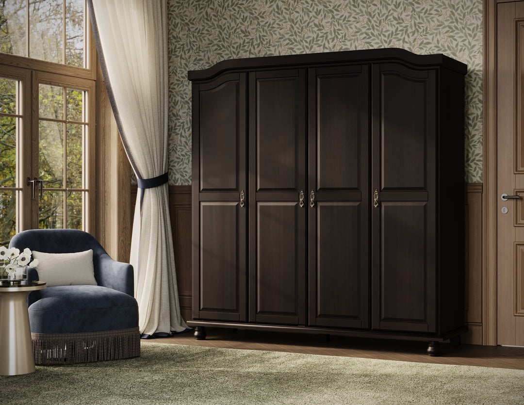 100% Solid Wood 4-Door Wardrobe Armoire with Raised Panel Doors, Bedroom Closet Storage - Kyle Collection