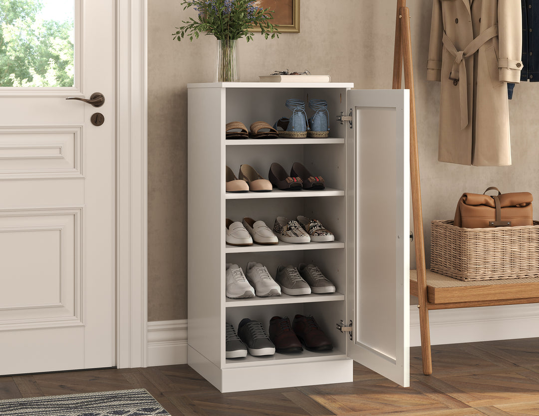 100% Solid Wood Narrow Frosted Glass Door Shoe Storage Cabinet with Adjustable Shelves, Space Saving Stackable Organizer, 16.5" W x 35.75" H