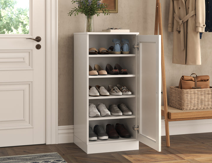 100% Solid Wood Narrow Frosted Glass Door Shoe Storage Cabinet with Adjustable Shelves, Space Saving Stackable Organizer, 16.5" W x 35.75" H