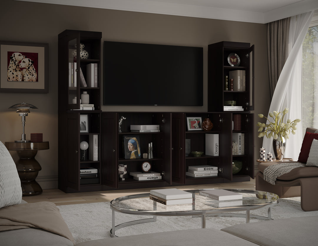 100% Solid Wood 6-Piece Entertainment Center Wall Unit with Storage, Glass & Raised Panel Doors, Adjustable Shelves, 97" W x 71.5" H