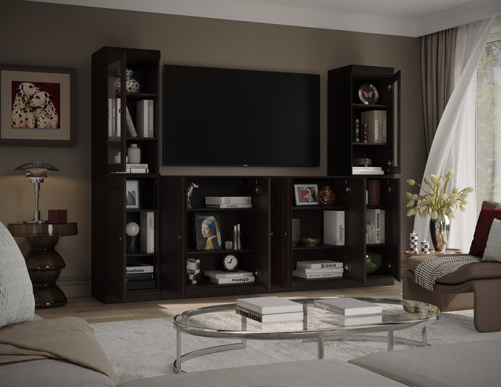 100% Solid Wood 6-Piece Entertainment Center Wall Unit with Storage, Glass & Raised Panel Doors, Adjustable Shelves, 97" W x 71.5" H