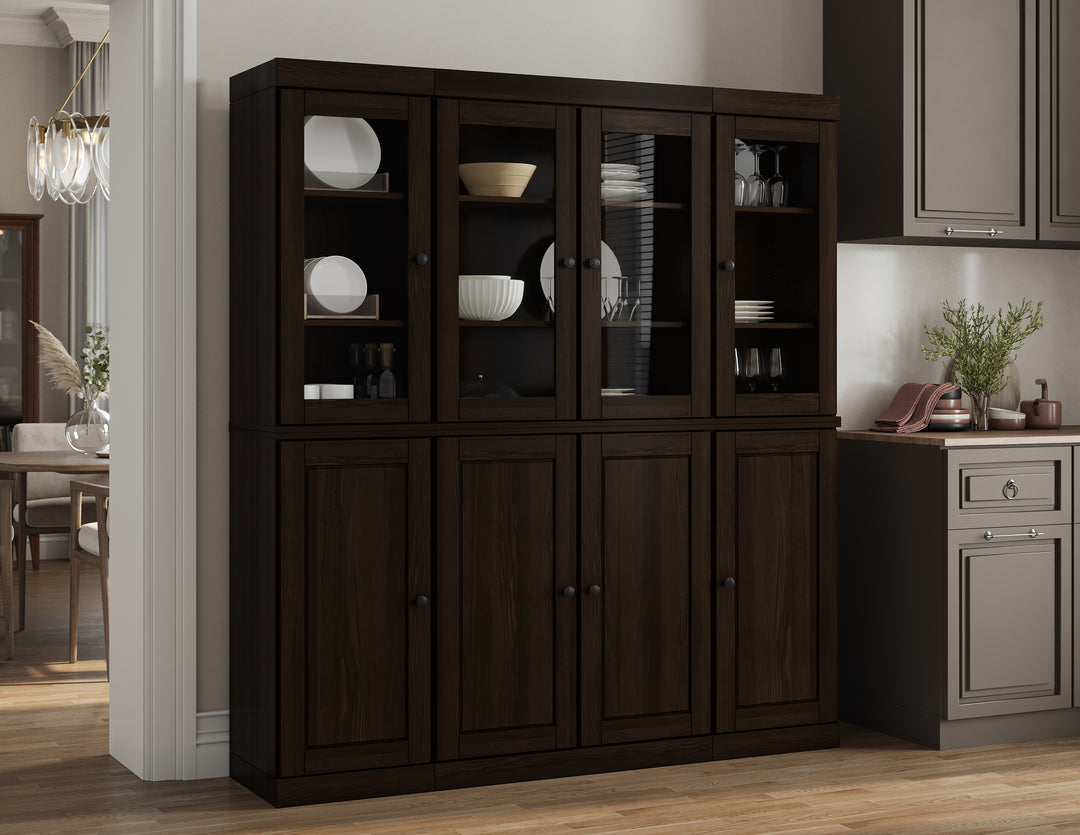 100% Solid Wood Kitchen Pantry Cabinet, Tall Freestanding Modular Storage with Glass & Raised Panel Doors & 2 Drawers, Adjustable Shelves, 65" W x 71.5" H