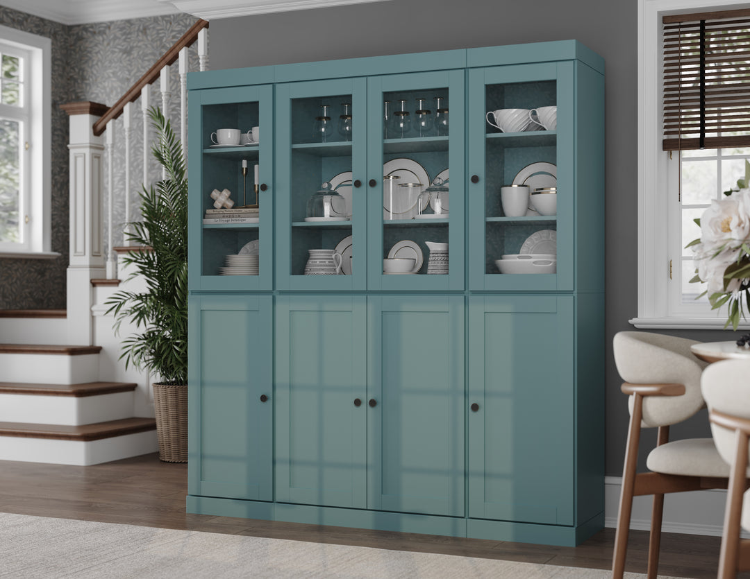 100% Solid Wood 65" China Pantry Cabinet, 4 Clear Glass, 4 Shaker Wood Doors