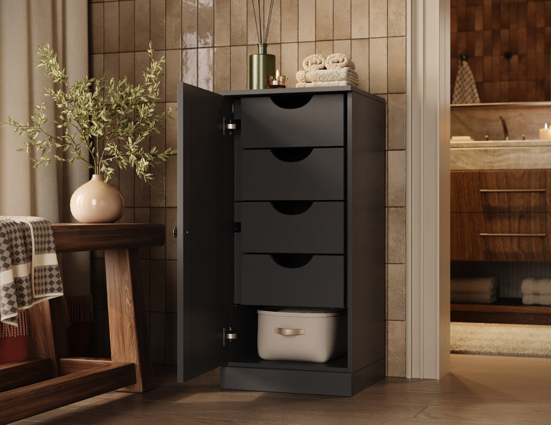 100% Solid Wood Bathroom Storage Cabinet, Raised Panel Door, 4 Drawers, Adjustable Shelves, 16.5" Wide, 35.75" Tall