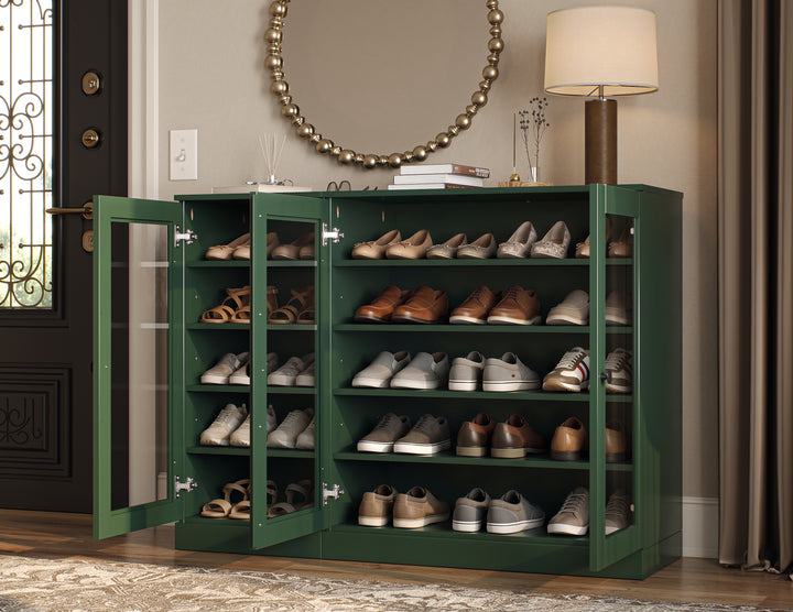 100% Solid Wood Glass Door Shoe Storage Cabinet, Adjustable Shelves, Space Saving Modular Entryway Organizer, 48.5" W x 35.75" H
