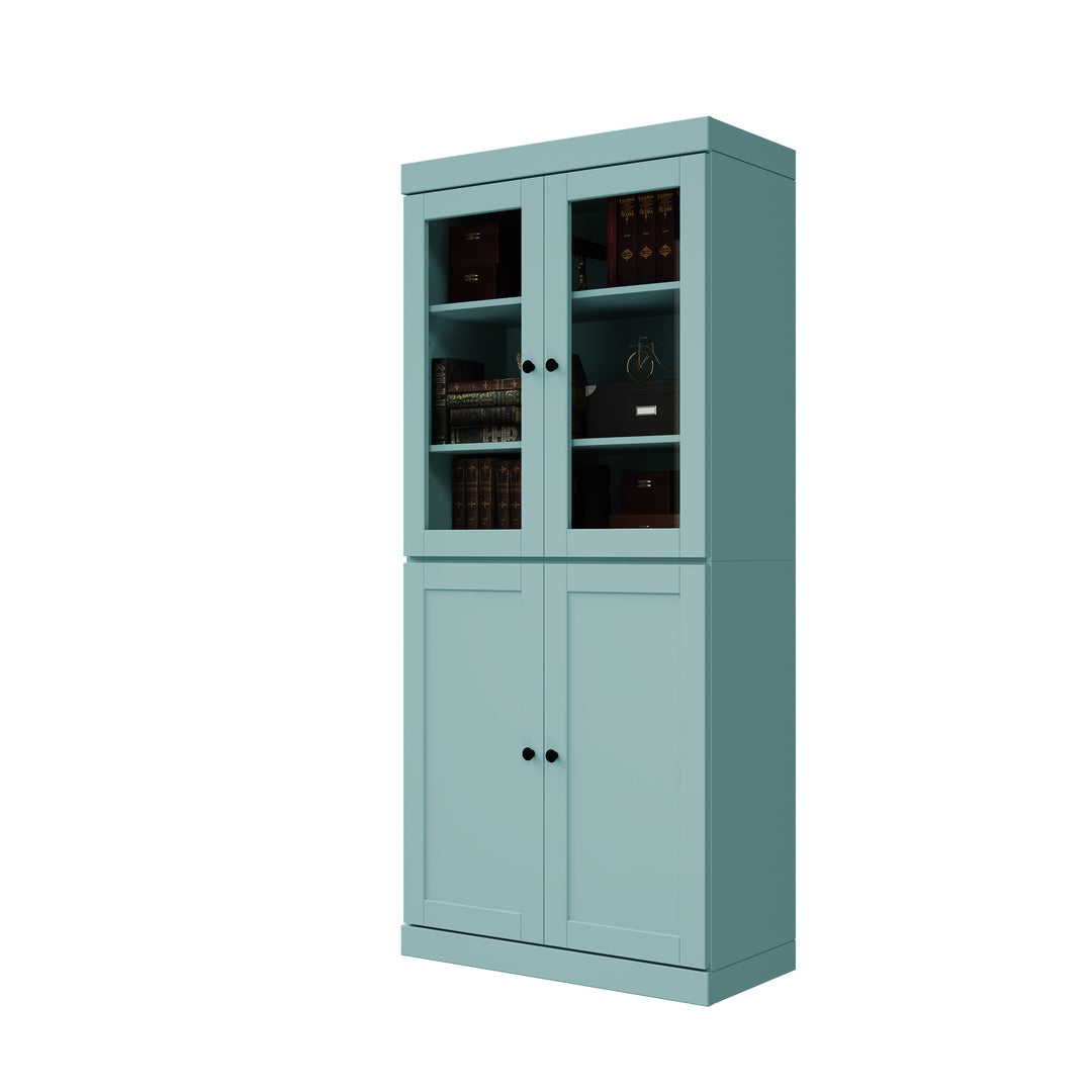 100% Solid Wood 6-Shelf 32" Bookcase, 2 Glass Doors, 2 Shaker Wood Doors, Adjustable Shelves