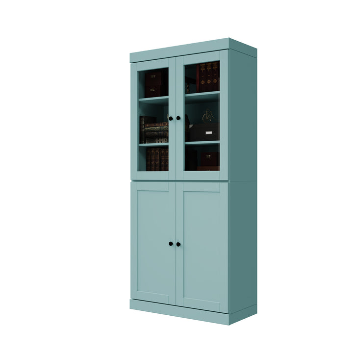 100% Solid Wood 6-Shelf 32" Bookcase, 2 Glass Doors, 2 Shaker Wood Doors, Adjustable Shelves