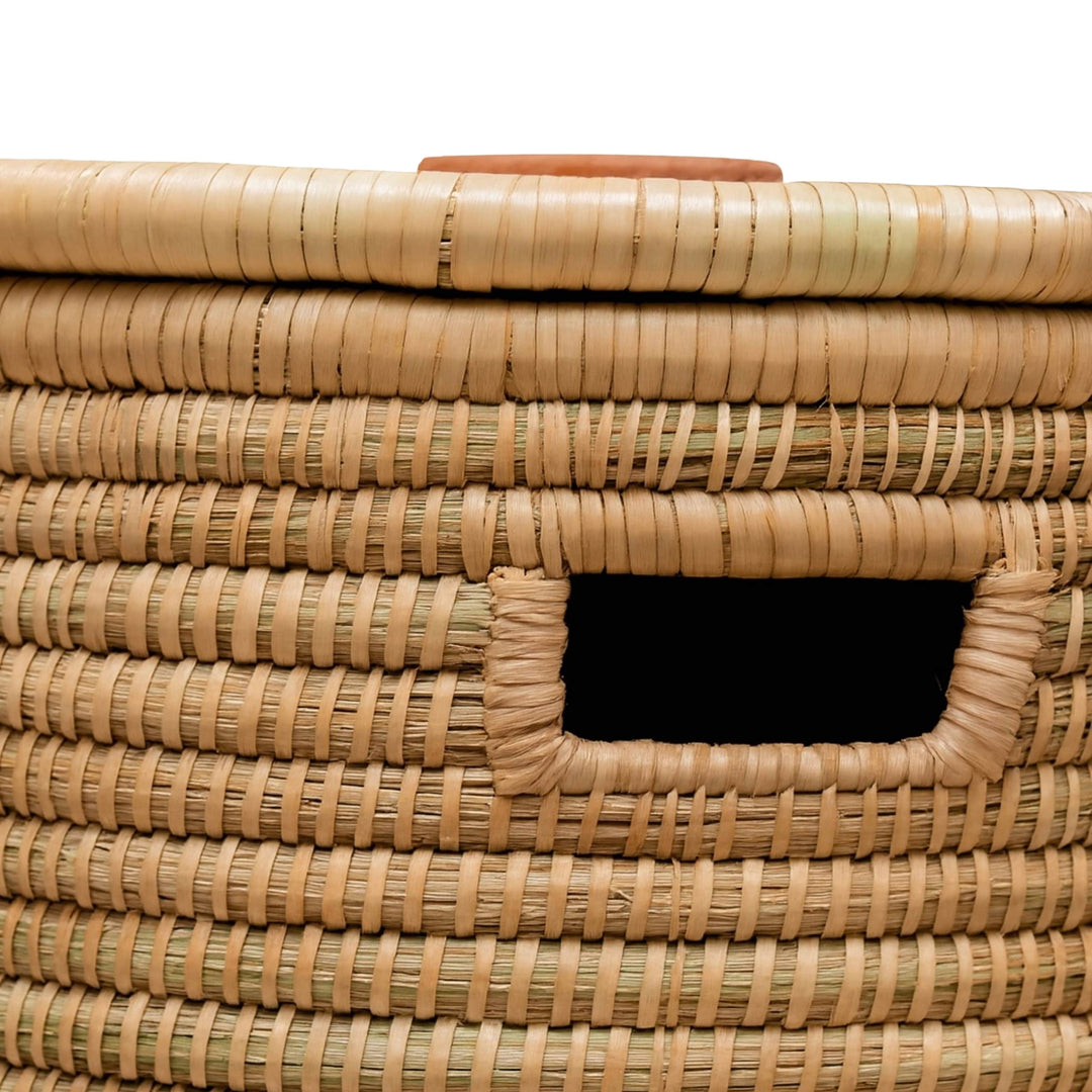 100% Handwoven Natural Rattan 19" Round Basket with Lid & Handles, Boho Farmhouse Decorative Laundry & Storage Organizer, Handcrafted – Authentic African Craftsmanship, Baskets - Palace Imports