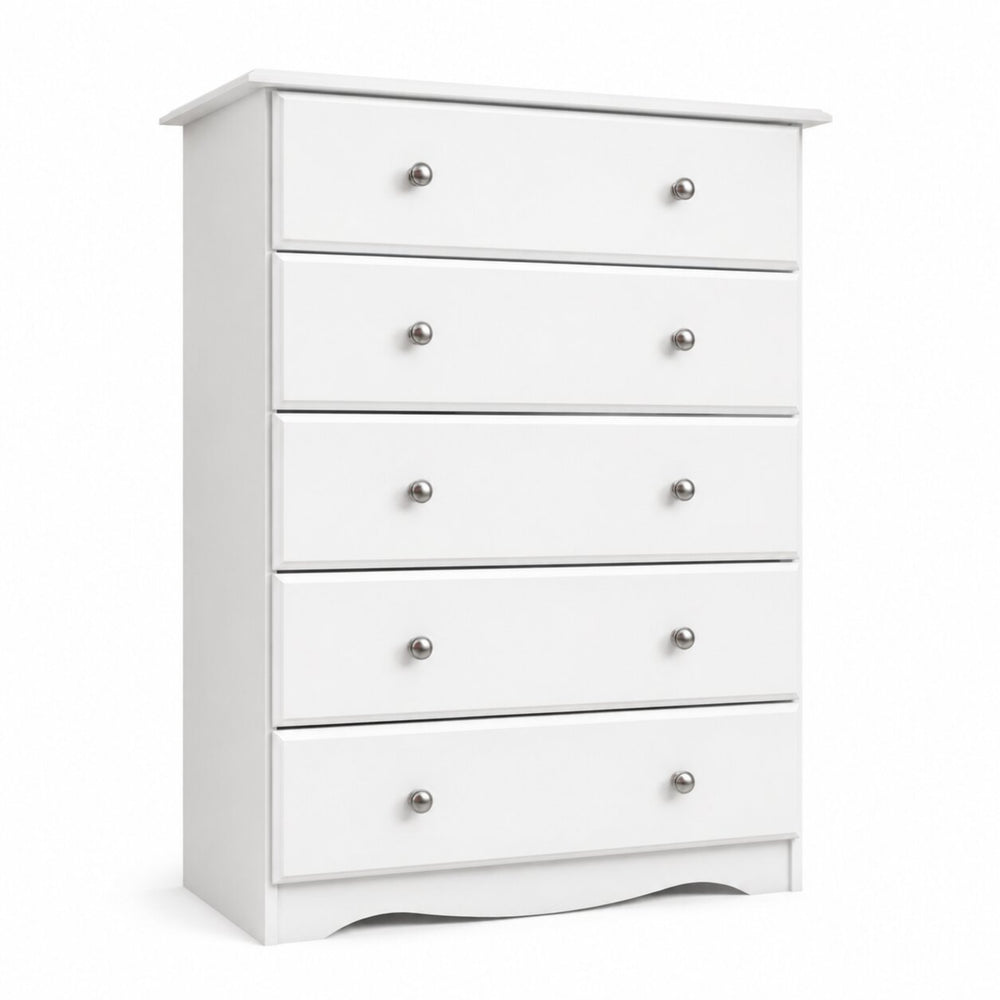 A white five-drawer chest of drawers with small round silver knobs, shown on a clean white background.