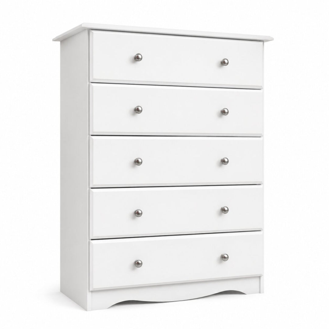 A white five-drawer chest of drawers with small round silver knobs, shown on a clean white background.