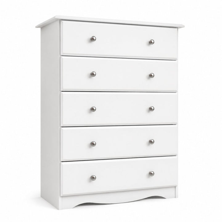 A white five-drawer chest of drawers with small round silver knobs, shown on a clean white background.
