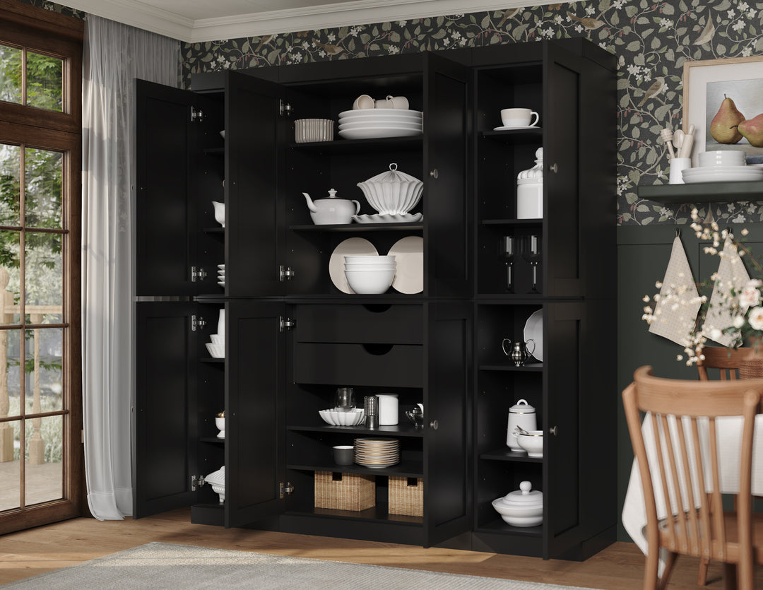 100% Solid Wood 65" Pantry Cabinet, 8 Shaker Wood Doors, 2 Drawers