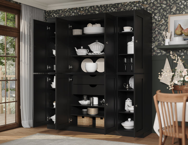 100% Solid Wood 65" Pantry Cabinet, 8 Shaker Wood Doors, 2 Drawers