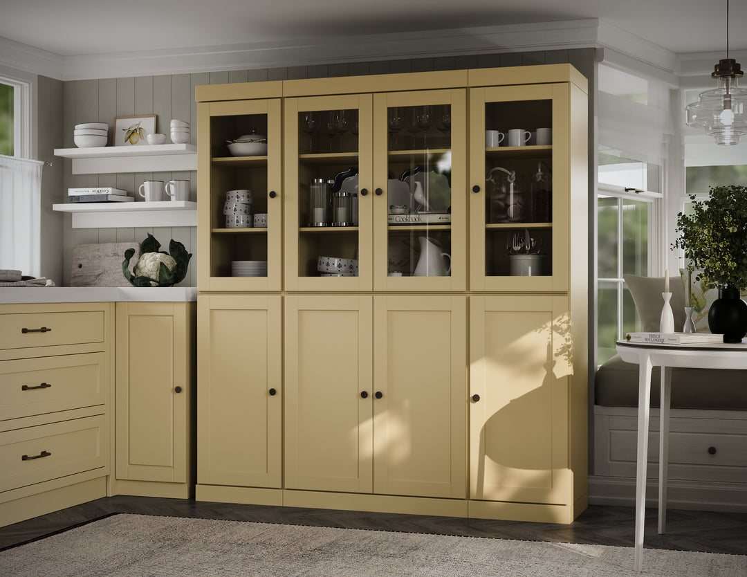 100% Solid Wood 65" China Pantry Cabinet, 4 Glass, 4 Shaker Wood Doors, 2-Drawers