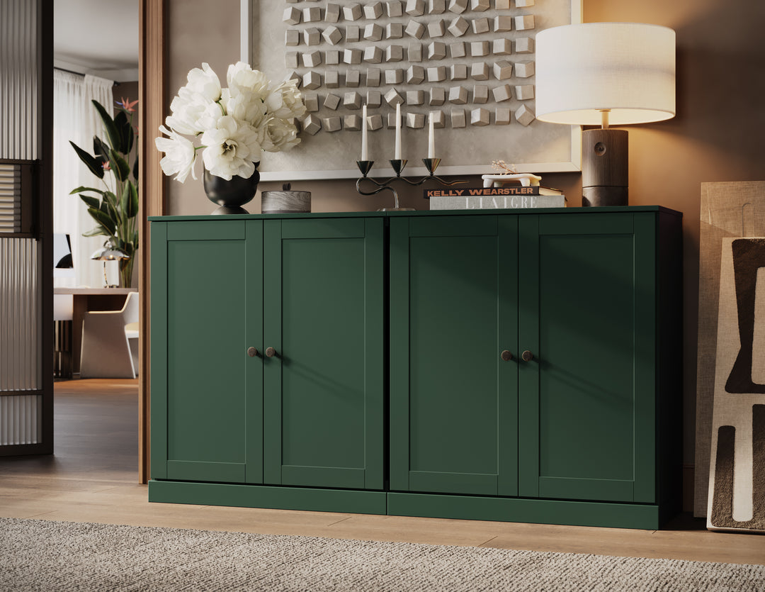 100% Solid Brazilian Pine Wood 64" Sideboard with Shaker Doors, 4-Drawers and Adjustable Shelves