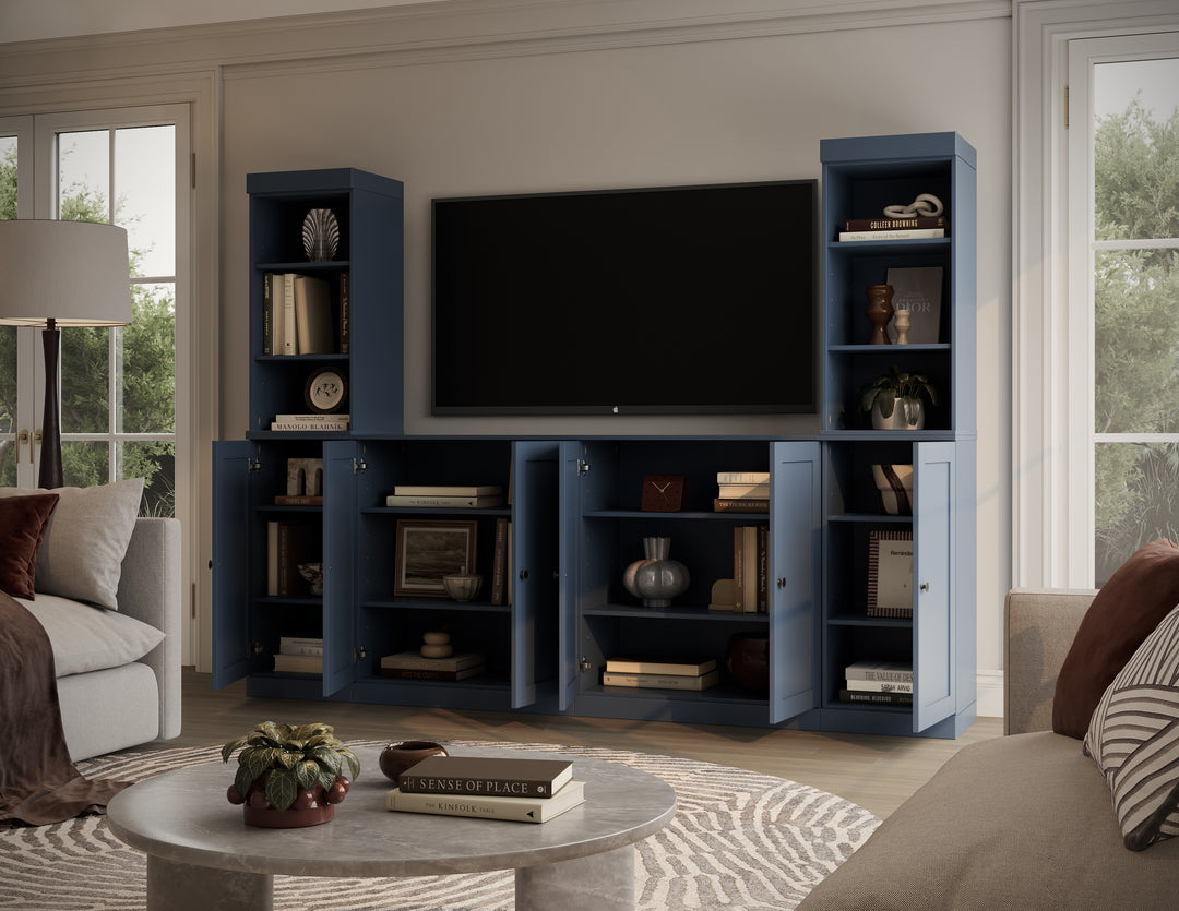 100% Solid Wood 6-Piece Entertainment Center Wall Unit with Storage, Open Cabinets & Shaker Doors, Adjustable Shelves, 97" W x 71.5" H