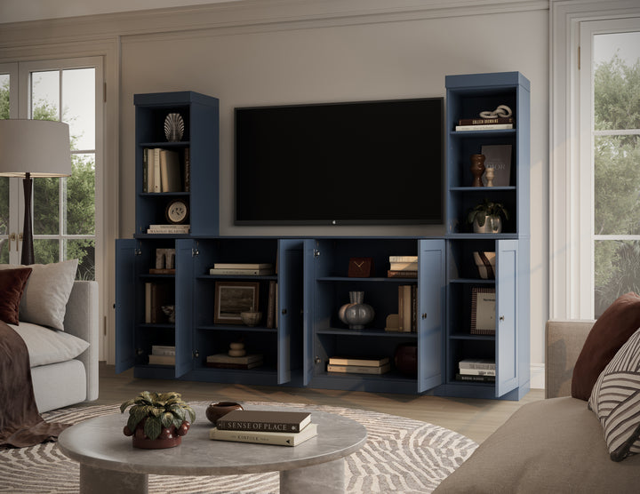 100% Solid Wood 6-Piece Entertainment Center Wall Unit with Storage, Open Cabinets & Shaker Doors, Adjustable Shelves, 97" W x 71.5" H