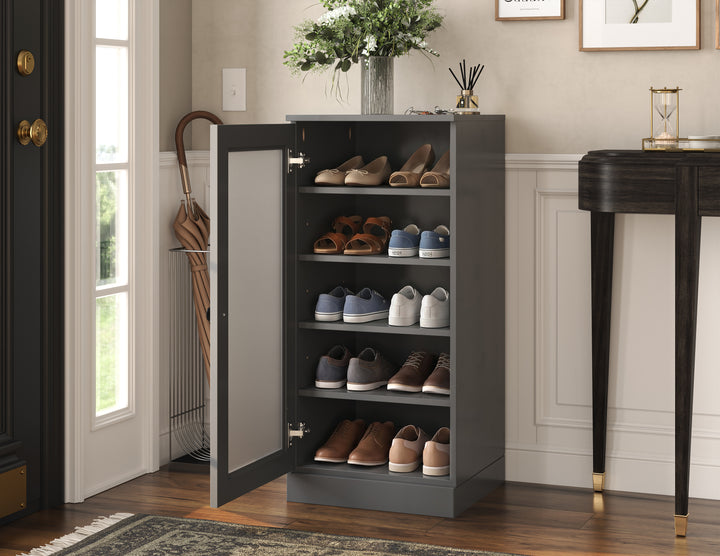 100% Solid Wood Narrow Frosted Glass Door Shoe Storage Cabinet with Adjustable Shelves, Space Saving Stackable Organizer, 16.5" W x 35.75" H