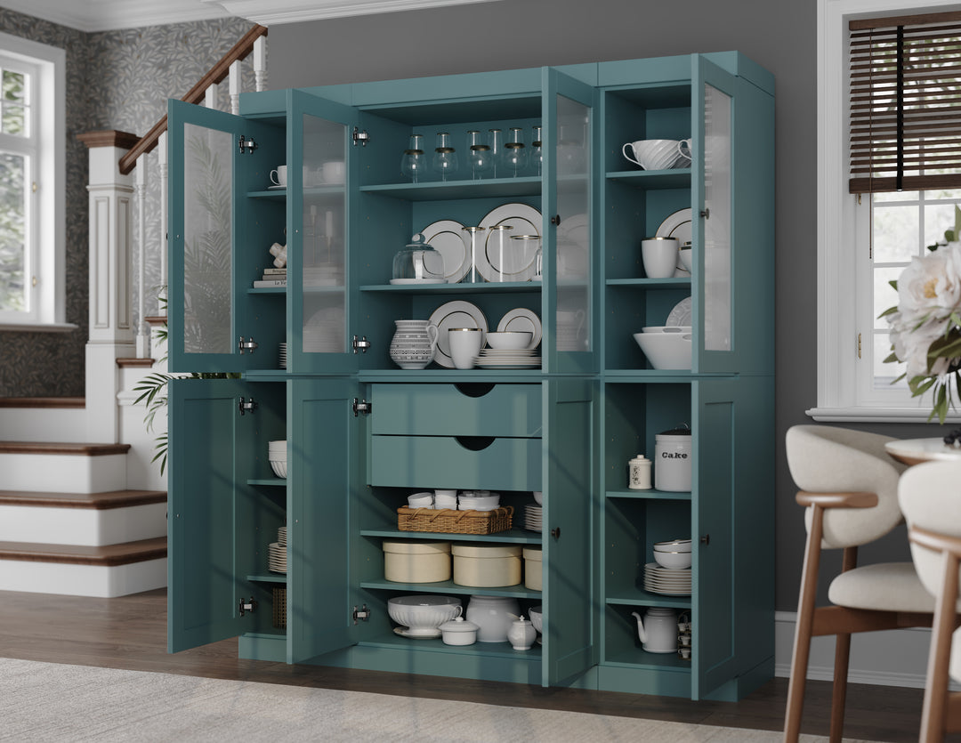 Aqua 65" Solid Wood Kitchen Pantry Cabinet with Frosted Glass & Shaker Doors & 2 Drawers