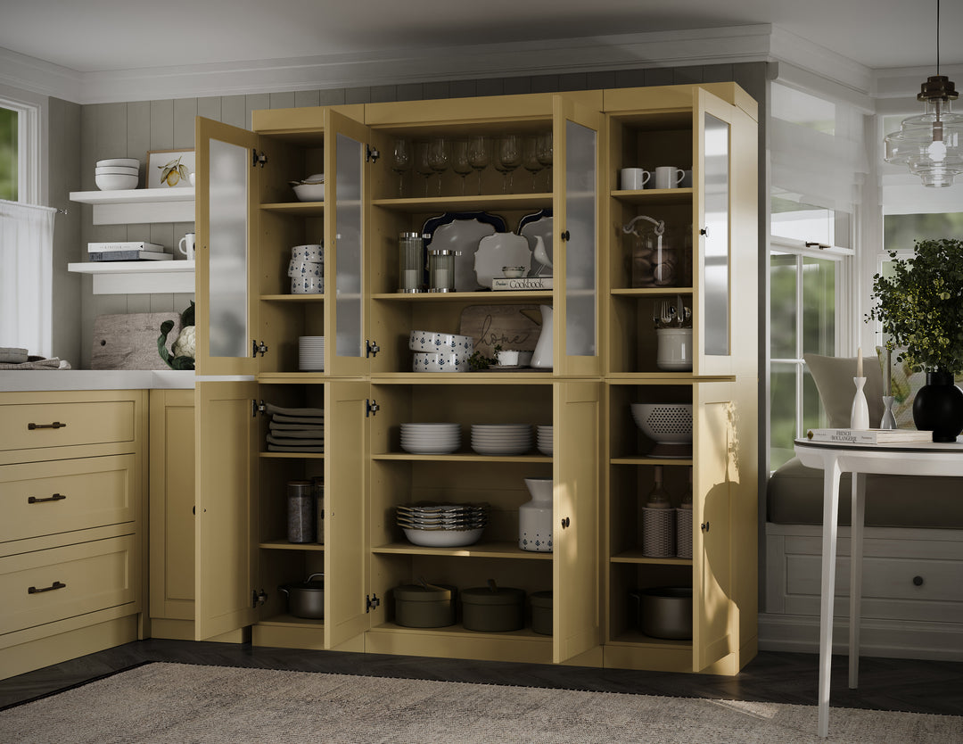 Yellow Inside View of Wood Kitchen Pantry Cabinet, Tall Freestanding Modular Storage with Frosted Glass & Shaker Doors, Adjustable Shelves, 65" W x 71.5" H