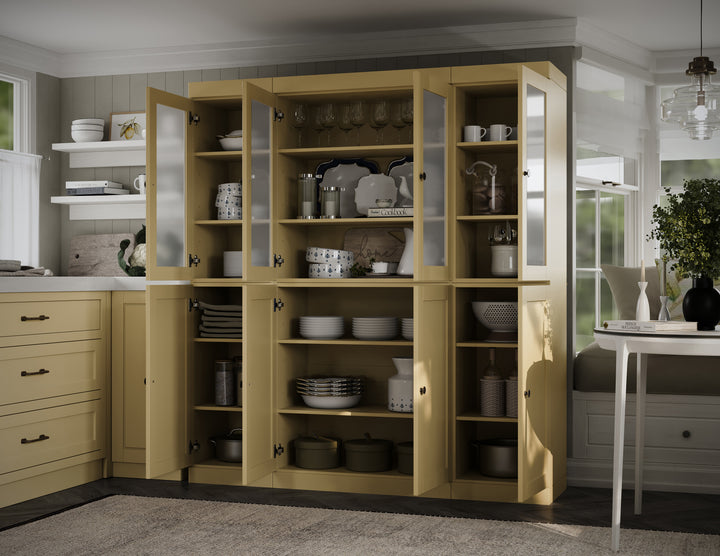Yellow Inside View of Wood Kitchen Pantry Cabinet, Tall Freestanding Modular Storage with Frosted Glass & Shaker Doors, Adjustable Shelves, 65" W x 71.5" H