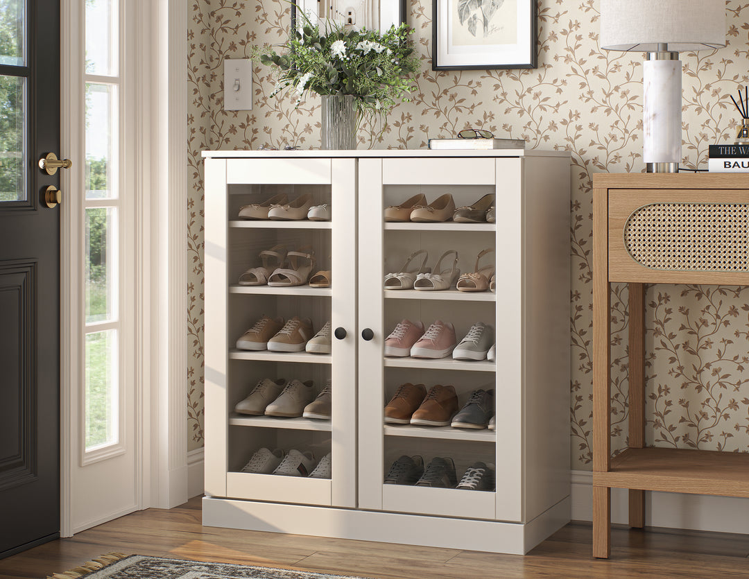 100% Solid Wood Glass Door Shoe Storage Cabinet with Adjustable Shelves, Space Saving Stackable Entryway Organizer, 32" W x 35.75" H