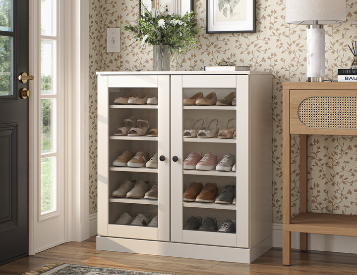 100% Solid Wood Glass Door Shoe Storage Cabinet with Adjustable Shelves, Space Saving Stackable Entryway Organizer, 32" W x 35.75" H