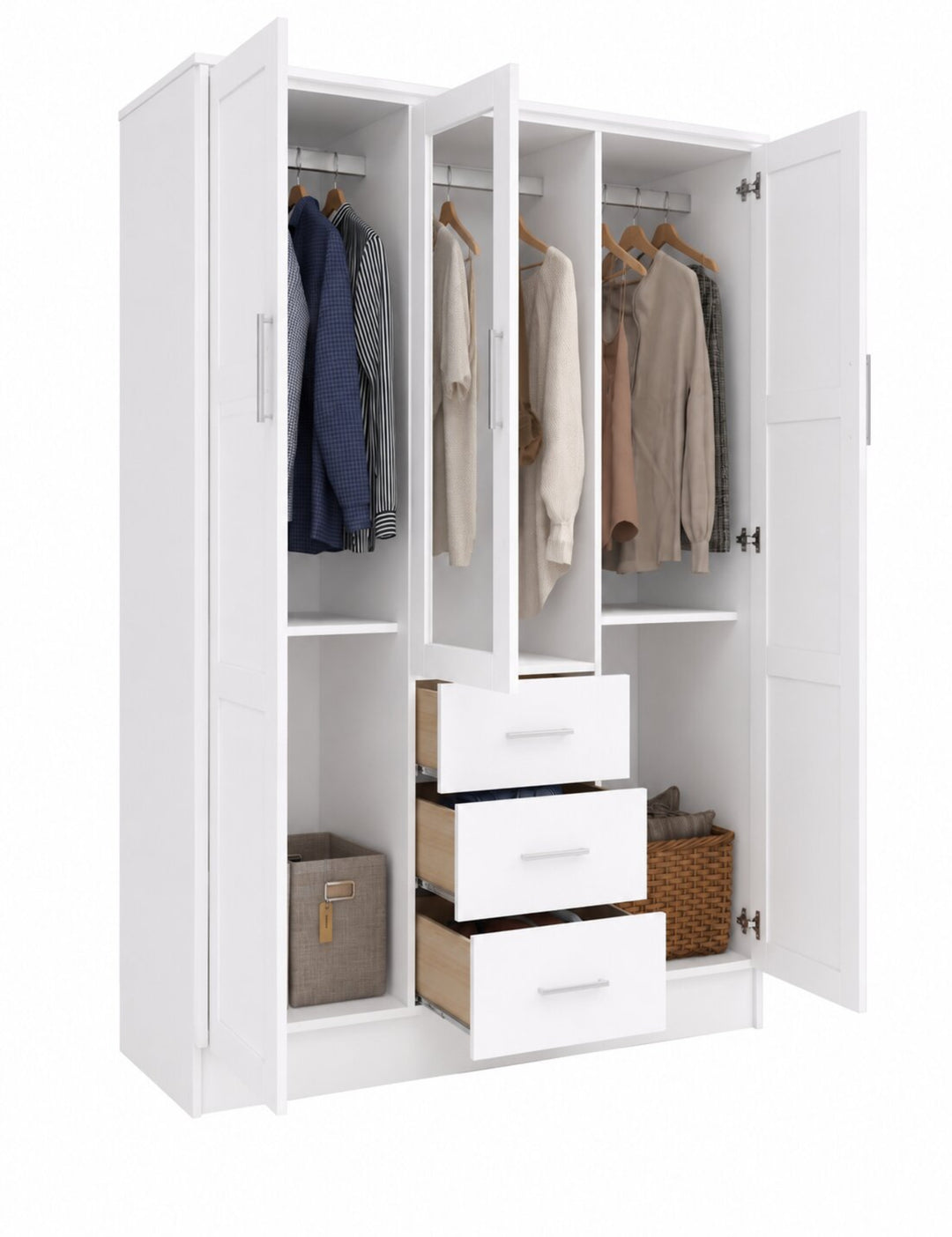 100% Solid Wood 3-Door Wardrobe Armoire with Mirrored Doors, Bedroom Closet Storage - Cosmo Collection