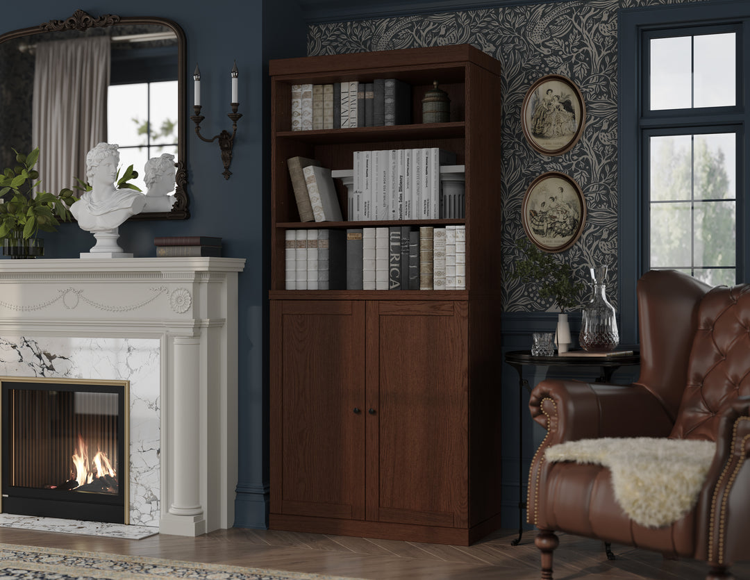 Premium 100% Solid European Oak Hardwood 6-Shelf Modular Bookcase with Bottom Shaker Doors – 32" Wide, 71.5" Tall