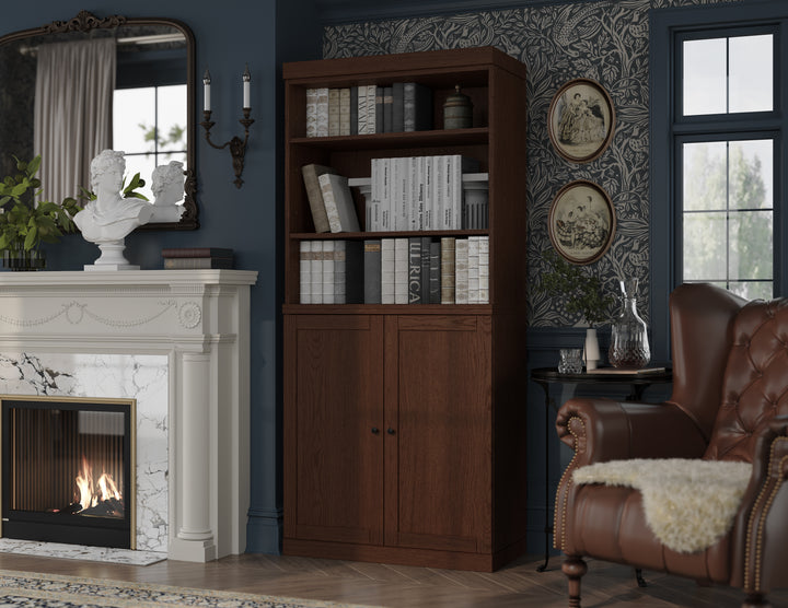 Premium 100% Solid European Oak Hardwood 6-Shelf Modular Bookcase with Bottom Shaker Doors – 32" Wide, 71.5" Tall