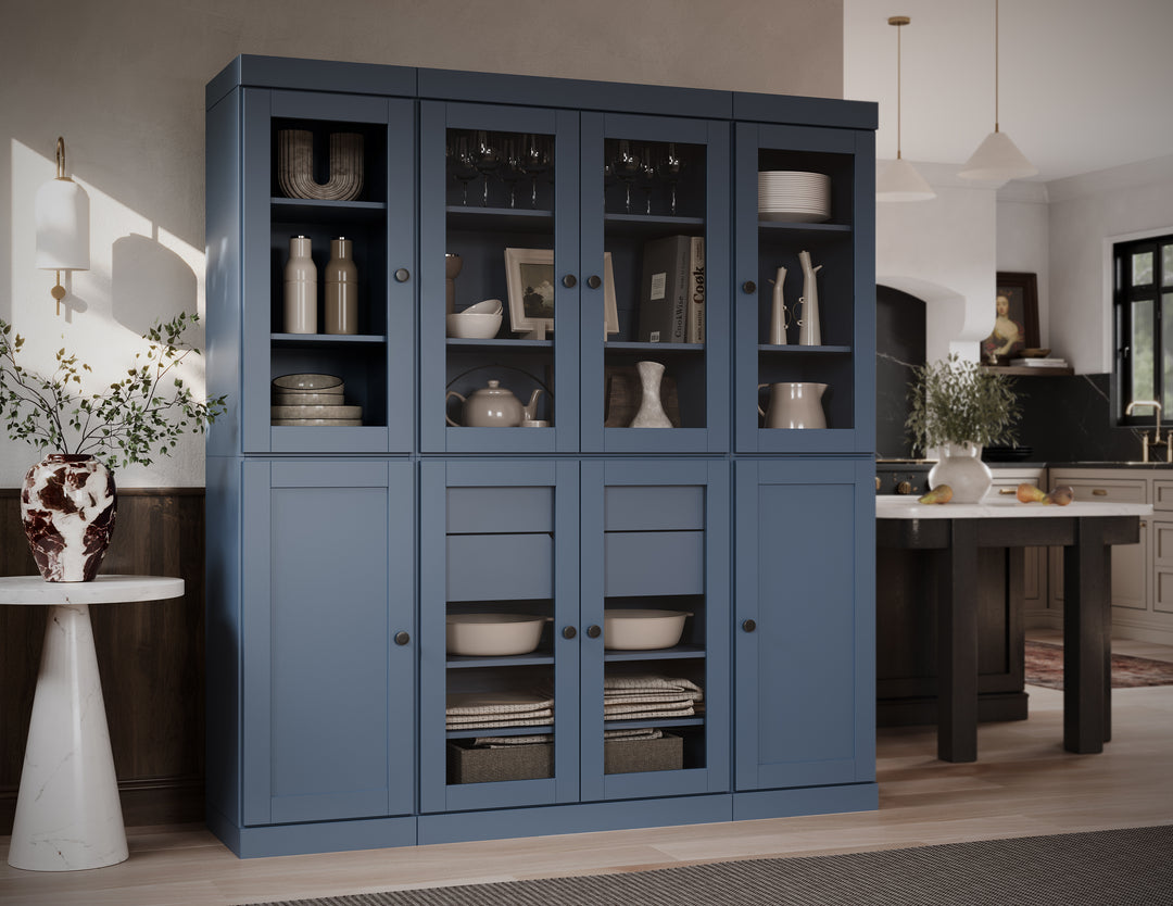 100% Solid Wood 65" China Pantry Cabinet, 6 Glass, 2 Shaker Wood Doors, 2 Drawers