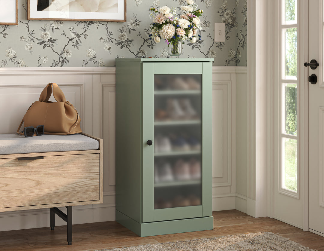 100% Solid Wood Narrow Frosted Glass Door Shoe Storage Cabinet with Adjustable Shelves, Space Saving Stackable Organizer, 16.5" W x 35.75" H