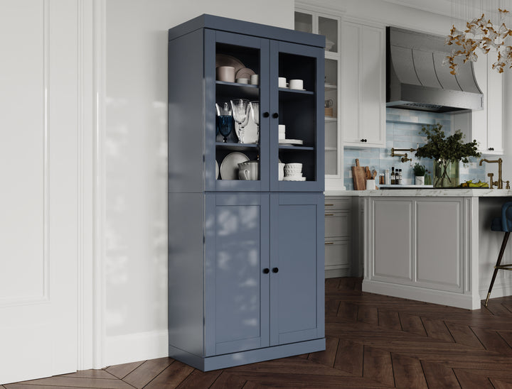 100% Solid Wood 32" Pantry Cabinet, 2 Clear Glass, 2 Shaker Doors, 2-Drawers