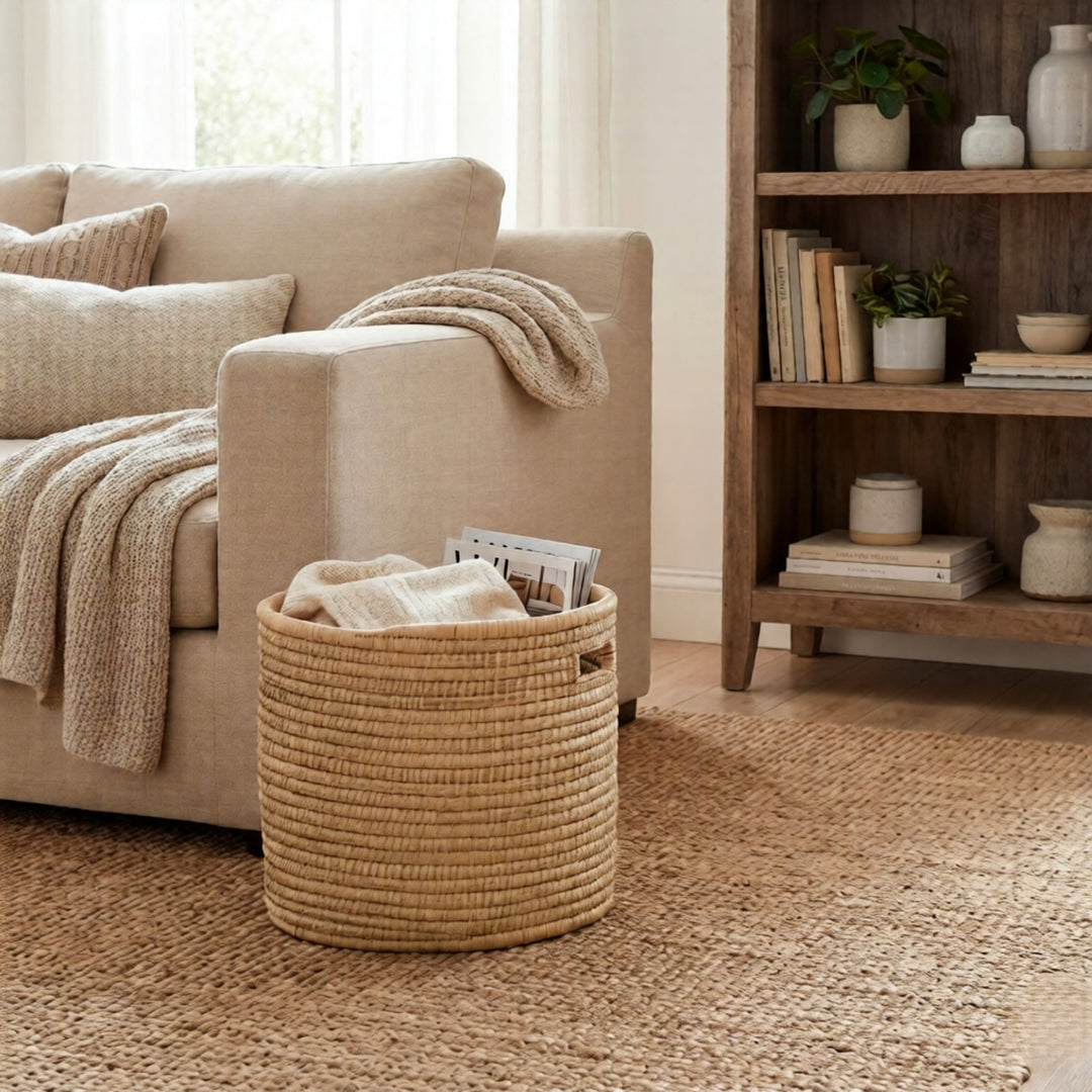 100% Handwoven Natural Rattan 14" Oval Basket with Handles, Boho Farmhouse Decorative Laundry & Storage Organizer, Handcrafted – Authentic African Craftsmanship, Baskets - Palace Imports