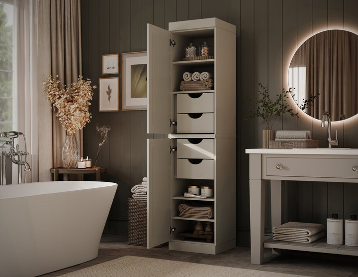 100% Solid Wood Bathroom Storage Cabinet, Raised Panel Doors, 4 Drawers, Adjustable Shelves, 16.5" Wide, 71.5" Tall