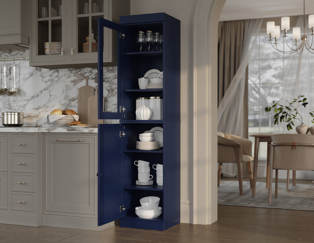 100% Solid Brazilian Pine Wood Pantry Cabinet, Raised Panel & Clear Glass Doors, Adjustable Shelves, 16.5" Wide, 71.5" Tall