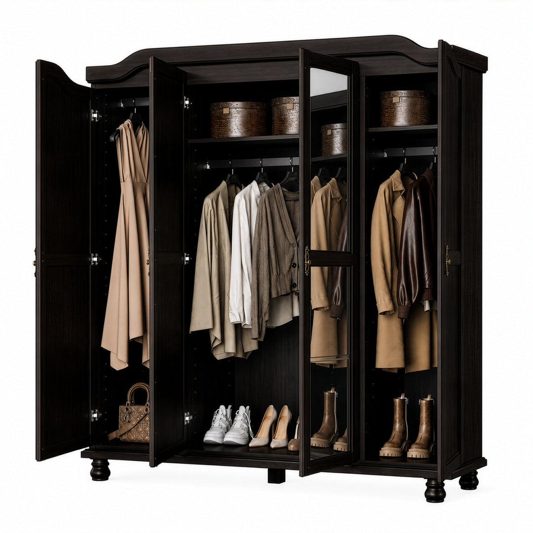 100% Solid Wood 4-Door Wardrobe Armoire with Mirrored Doors, Bedroom Closet Storage - Kyle Collection