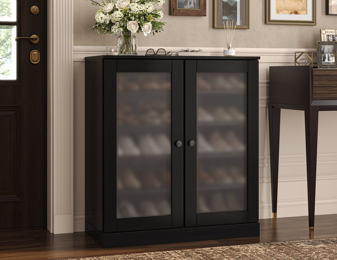 100% Solid Wood Frosted Glass Door Shoe Storage Cabinet with Adjustable Shelves, Space Saving Stackable Entryway Organizer, 32" W x 35.75" H