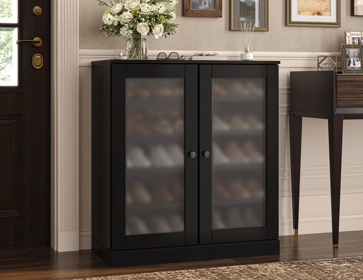 100% Solid Wood Frosted Glass Door Shoe Storage Cabinet with Adjustable Shelves, Space Saving Stackable Entryway Organizer, 32" W x 35.75" H