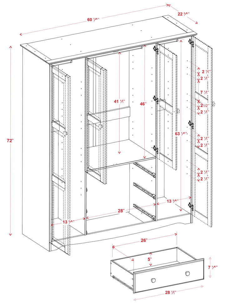 100% Solid Wood 4-Door Wardrobe Armoire, Bedroom Closet Storage - Family Collection