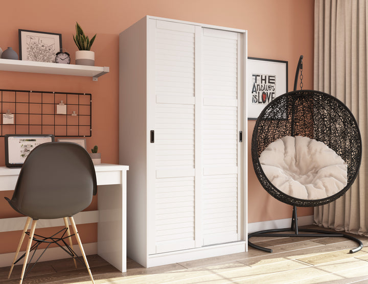 100% Solid Wood 2-Sliding Door Wardrobe Armoire, Louvered Doors, 30-40" Wardrobes - Palace Imports