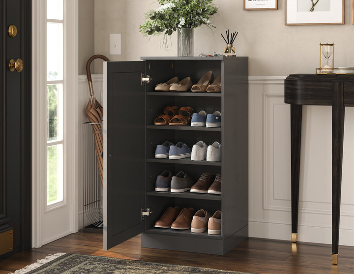 100% Solid Wood Narrow Shoe Storage Cabinet with Raised Panel Door, Adjustable Shelves, Space Saving Stackable Organizer, 16.5" W x 35.75" H