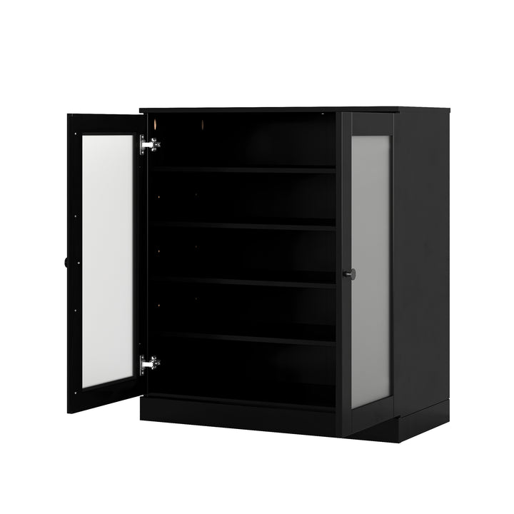 100% Solid Wood Frosted Glass Door Shoe Storage Cabinet with Adjustable Shelves, Space Saving Stackable Entryway Organizer, 32" W x 35.75" H