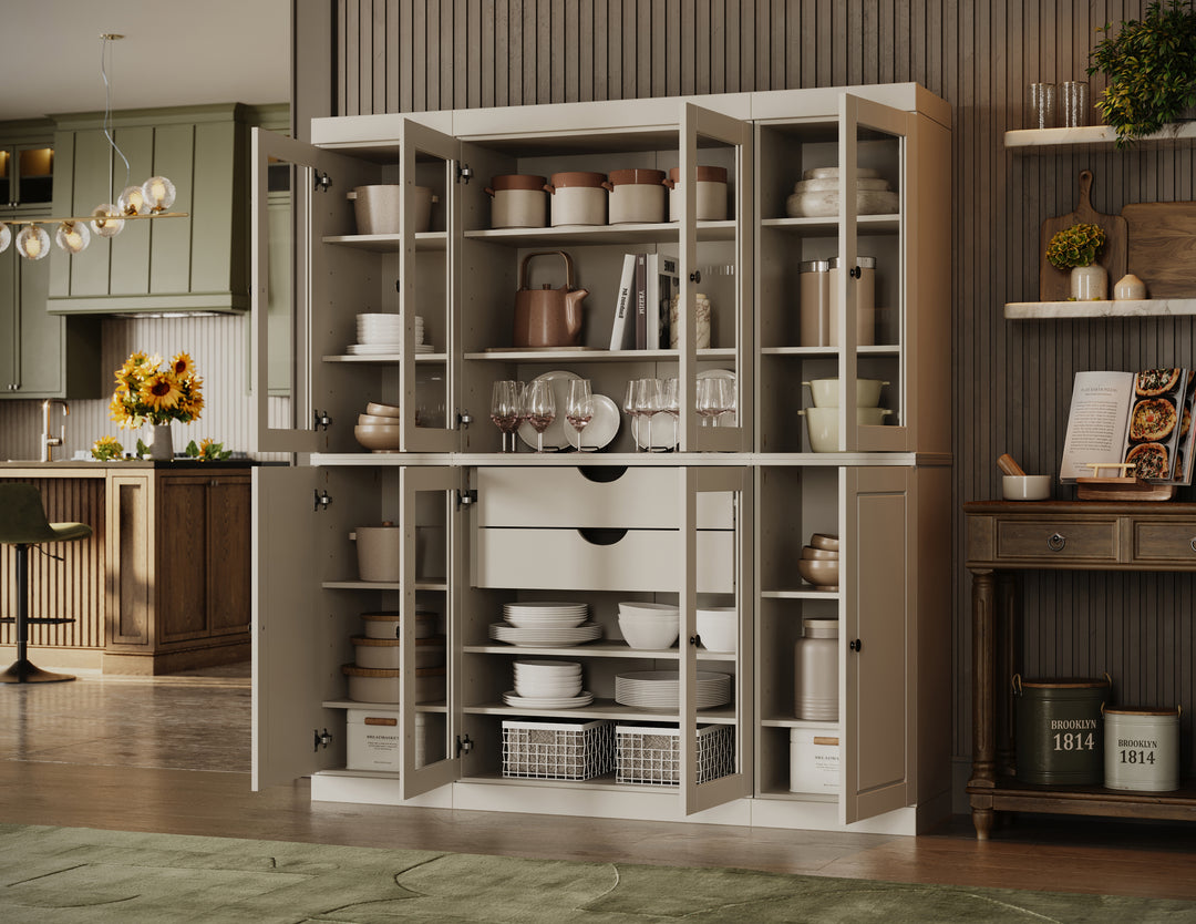 100% Solid Wood Kitchen Pantry Cabinet, Tall Freestanding Modular Storage with Glass Doors & 2 Drawers, Adjustable Shelves, 65" W x 71.5" H